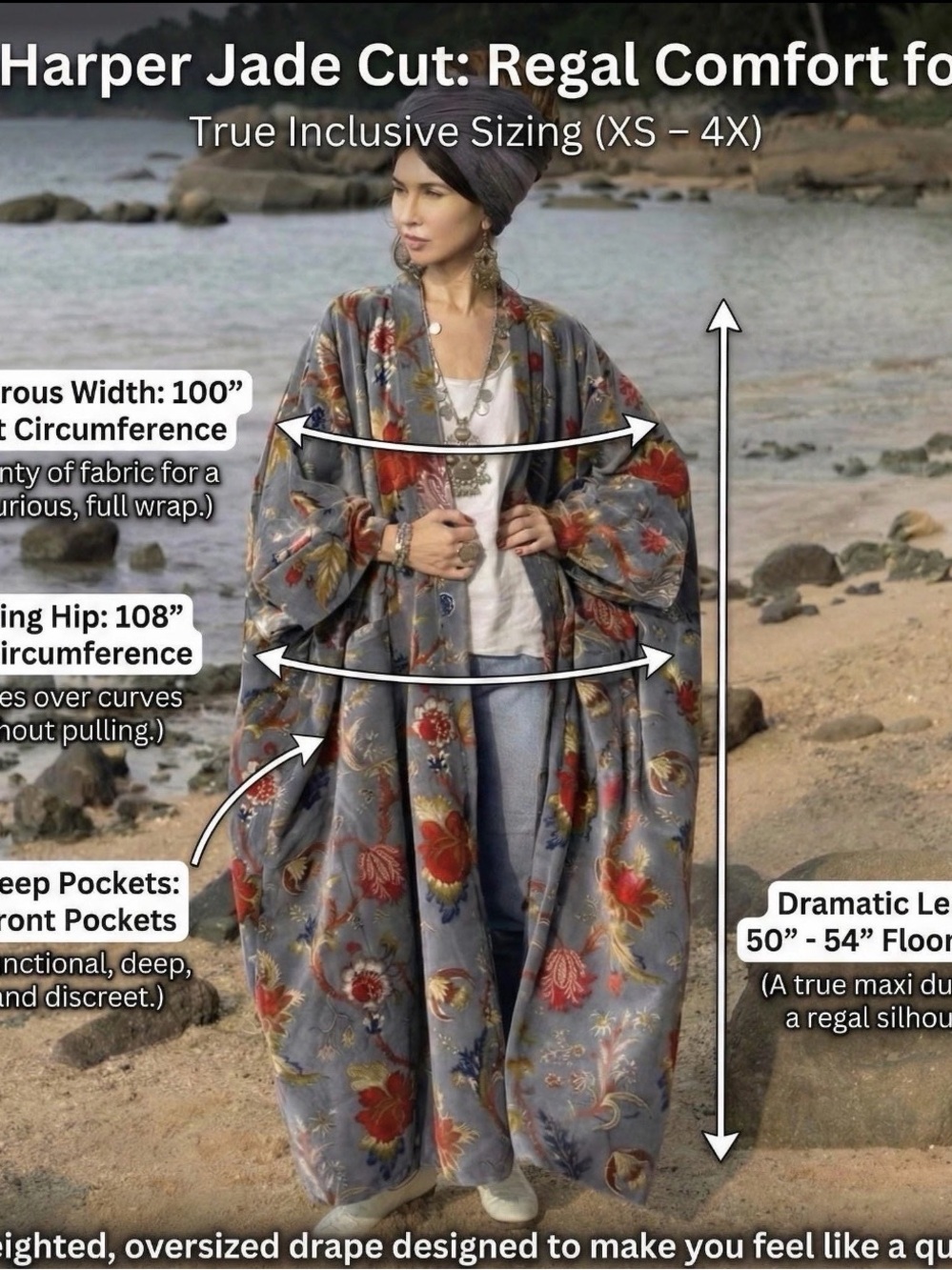 Oversized Boho Velvet Floral Kimono Duster in Slate Gray with Red Accents - Picture 3 of 8